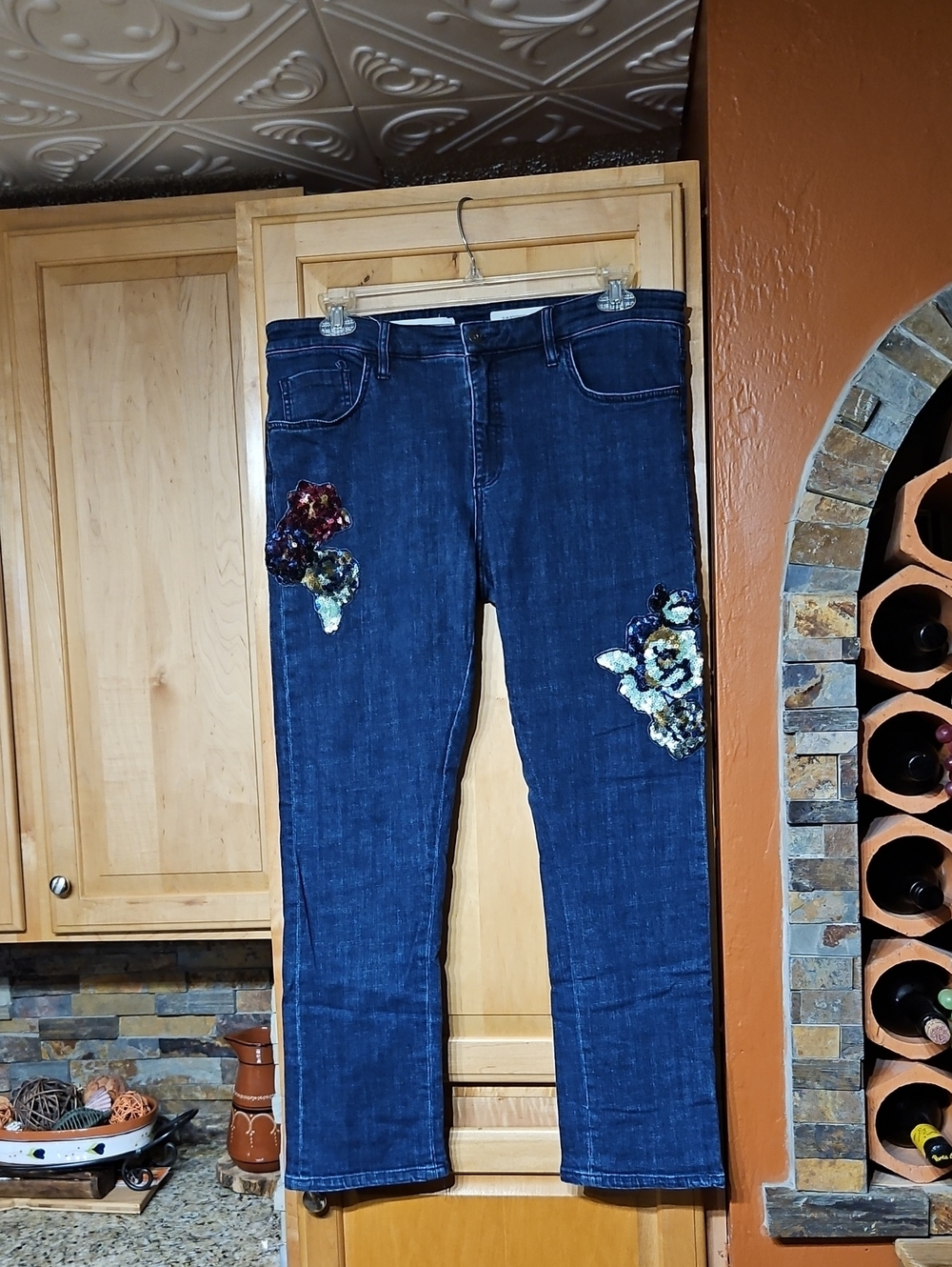Anthropologie Pilco And The Letterpress Slim Boyfriend Jeans Blue Floral Sequins